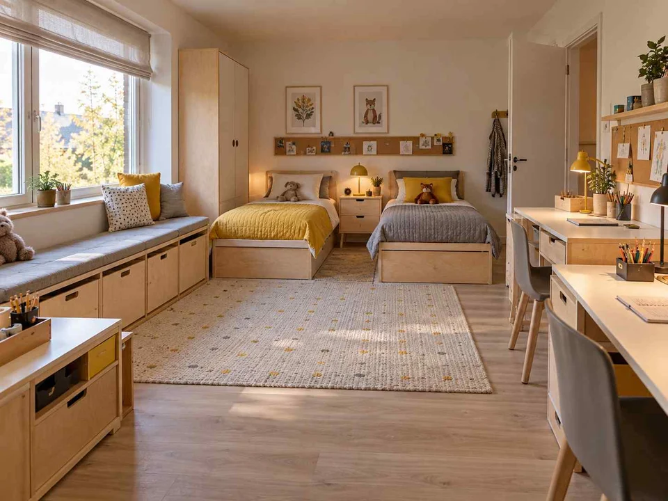 AI concept of a shared bedroom with twin sleeping areas and daylight from the window side, with pale wood furniture and yellow accents
