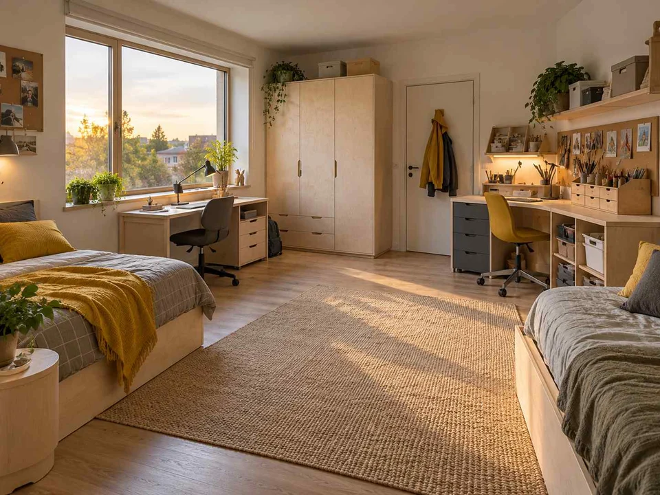 AI concept of a shared bedroom with two sleeping areas and desk space, with pale wood furniture and yellow accents
