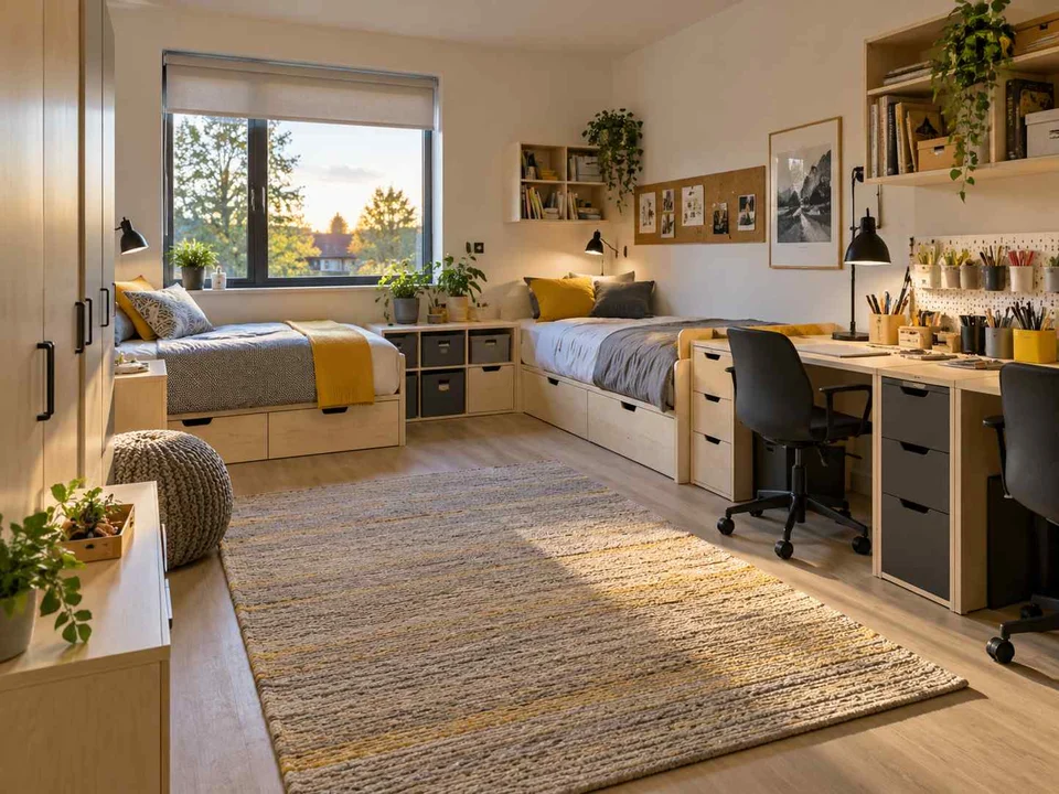AI concept of a shared bedroom with two sleeping areas and study furniture, with pale wood furniture and yellow accents