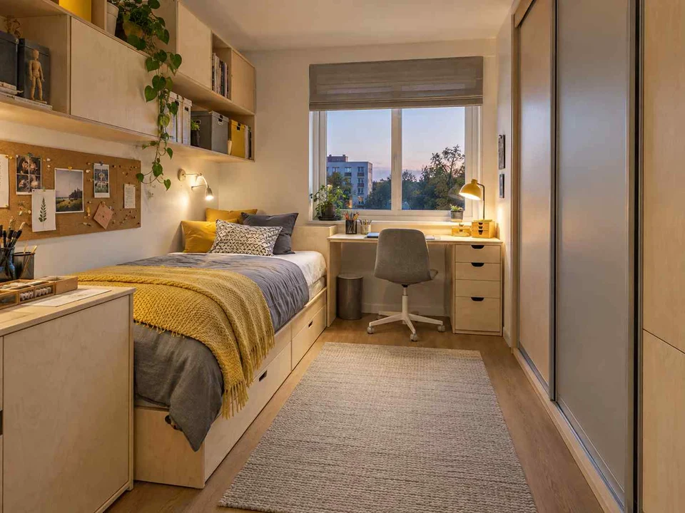 AI concept of a small bedroom with a bed, study furniture and integrated storage, with pale wood furniture and yellow accents