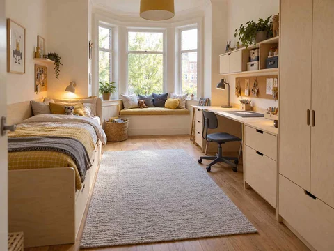 AI concept of a bedroom with a window-side seating area, with pale wood furniture and yellow accents