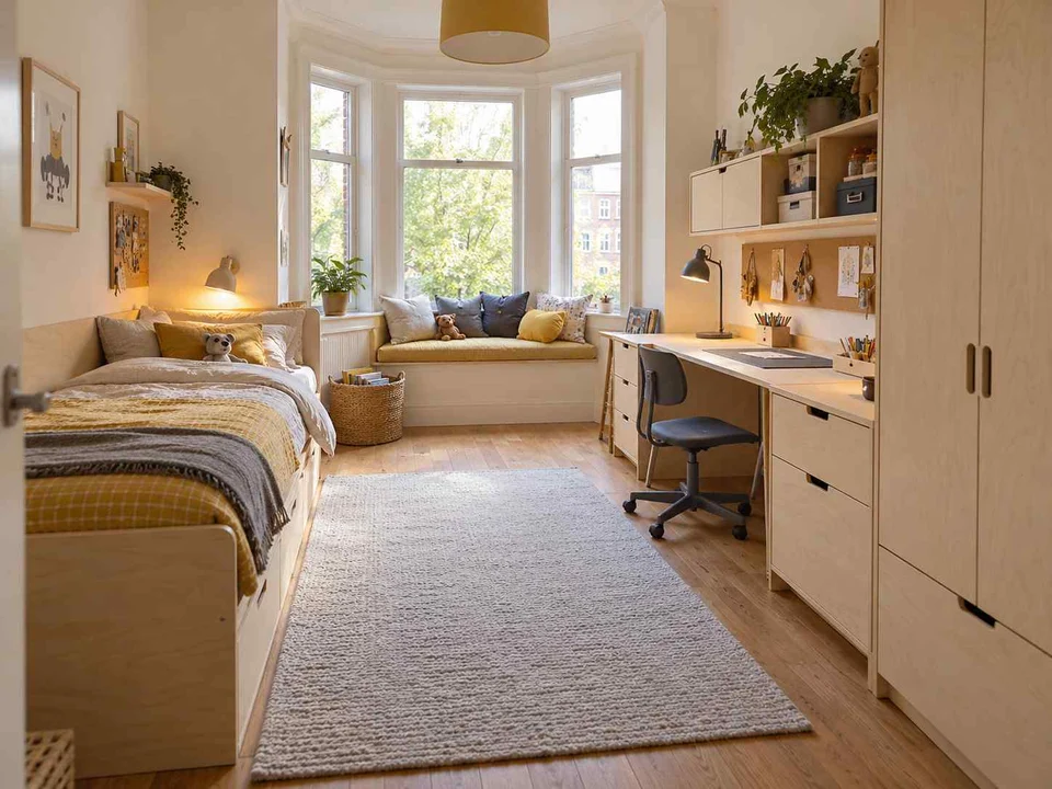 AI concept of a bedroom with a window-side seating area, with pale wood furniture and yellow accents