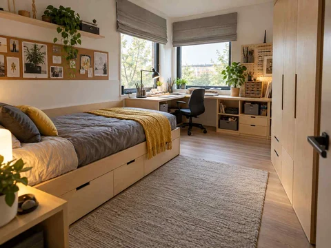 AI concept of a bedroom with a desk positioned near a window, with pale wood furniture and yellow accents
