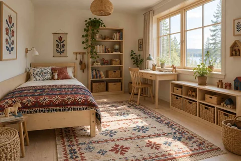 AI concept: a timber single bed, patterned quilt and folk-art prints beside a window desk