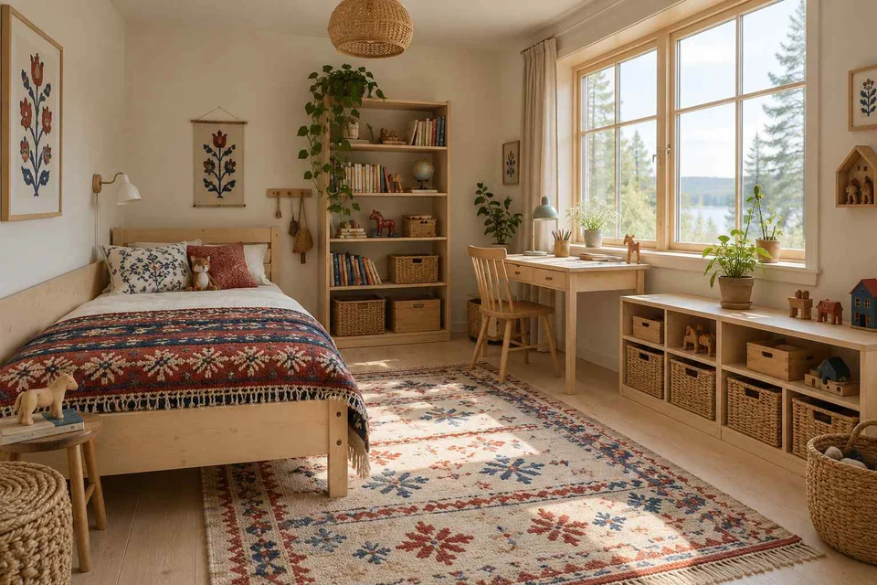 AI concept: a timber single bed, patterned quilt and folk-art prints beside a window desk