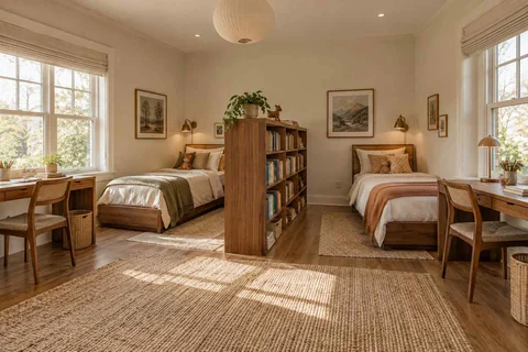 AI concept: a central open bookshelf divides two sleeping spaces with small bedside storage