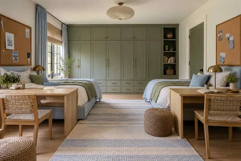 AI concept: two single beds face matching study desks in a pale green shared bedroom