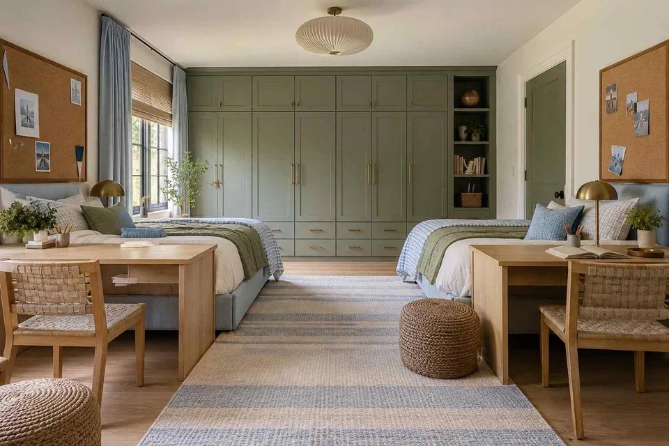 AI concept: two single beds face matching study desks in a pale green shared bedroom