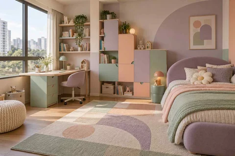 AI concept: pastel geometric wall shapes, a curved bed and a window desk in a soft pink bedroom