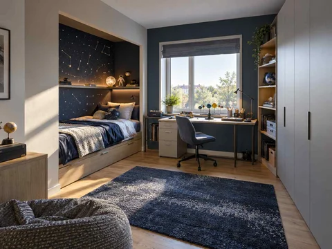AI concept of a bedroom with a recessed sleeping area and a separate desk, with deep blue bedding and a star-themed feature wall