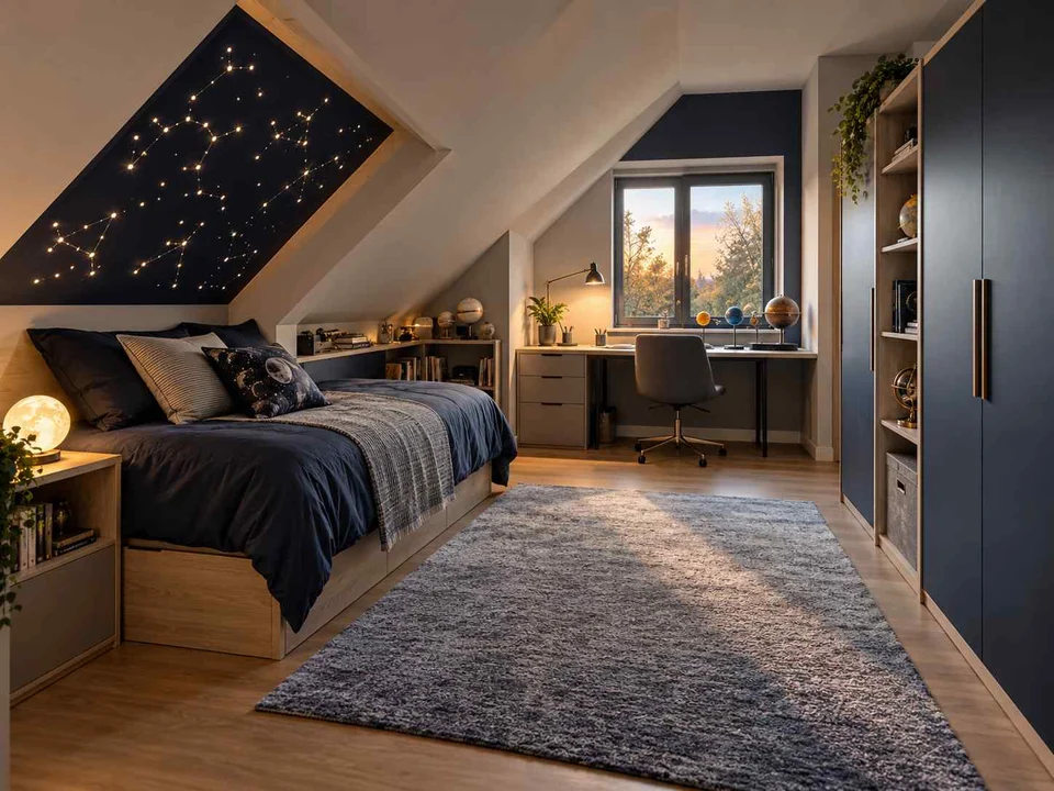 AI concept of a bedroom beneath a sloping ceiling with a bed and desk, with deep blue bedding and a star-themed feature wall
