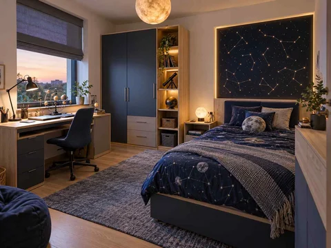 AI concept of a bedroom arranged with a bed, desk and storage furniture, with deep blue bedding and a star-themed feature wall