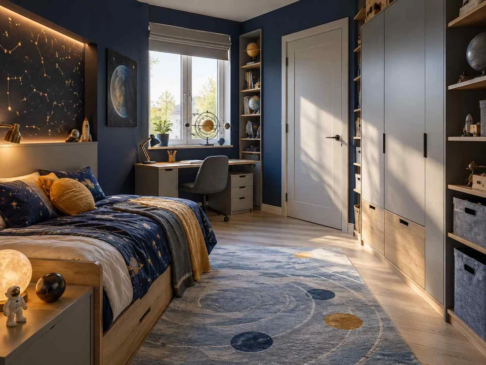 AI concept of a bedroom with cabinetry and shelving along the walls, with deep blue bedding and a star-themed feature wall