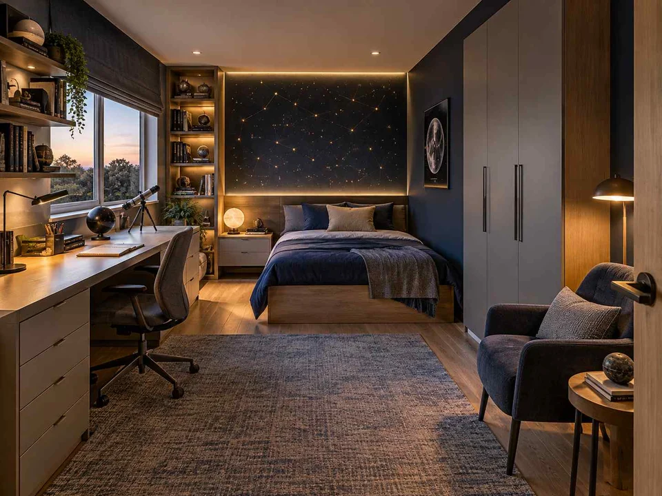 AI concept of a bedroom with desk space, task lighting and nearby storage, with deep blue bedding and a star-themed feature wall