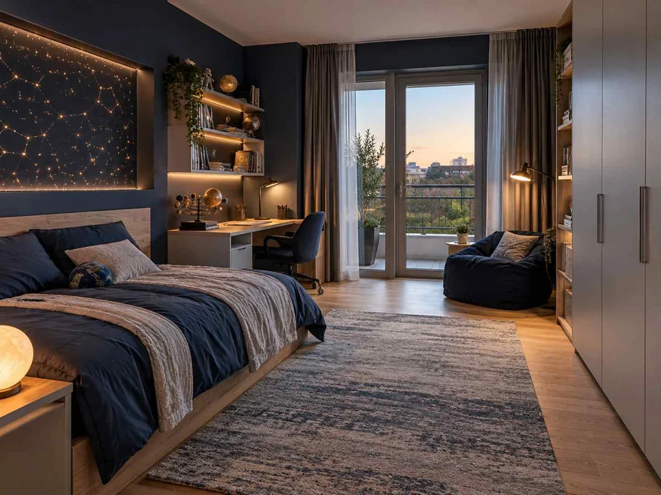 AI concept of a bedroom opening towards full-height glazed doors, with deep blue bedding and a star-themed feature wall