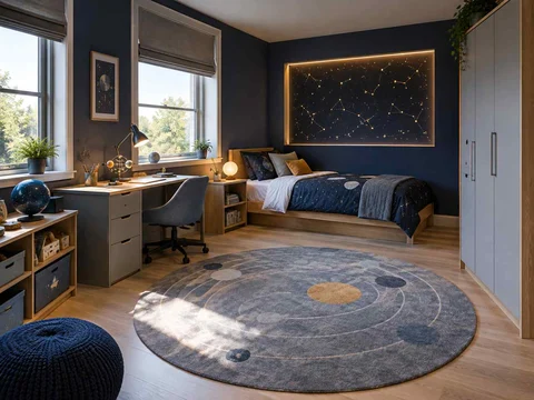 AI concept of a bedroom with a central rug and open floor space for play, with deep blue bedding and a star-themed feature wall
