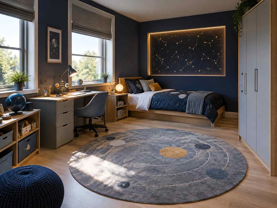 AI concept of a bedroom with a central rug and open floor space for play, with deep blue bedding and a star-themed feature wall