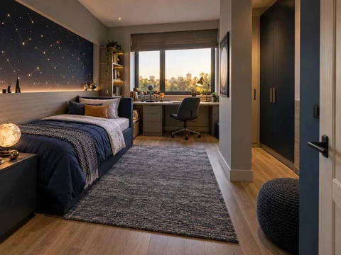 AI concept of a bedroom with a study desk and storage beside the sleeping area, with deep blue bedding and a star-themed feature wall