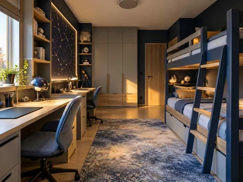 AI concept of bunk beds alongside study furniture and storage, with deep blue bedding and a star-themed feature wall
