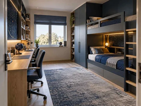 AI concept of bunk beds paired with bookshelves and study space, with deep blue bedding and a star-themed feature wall