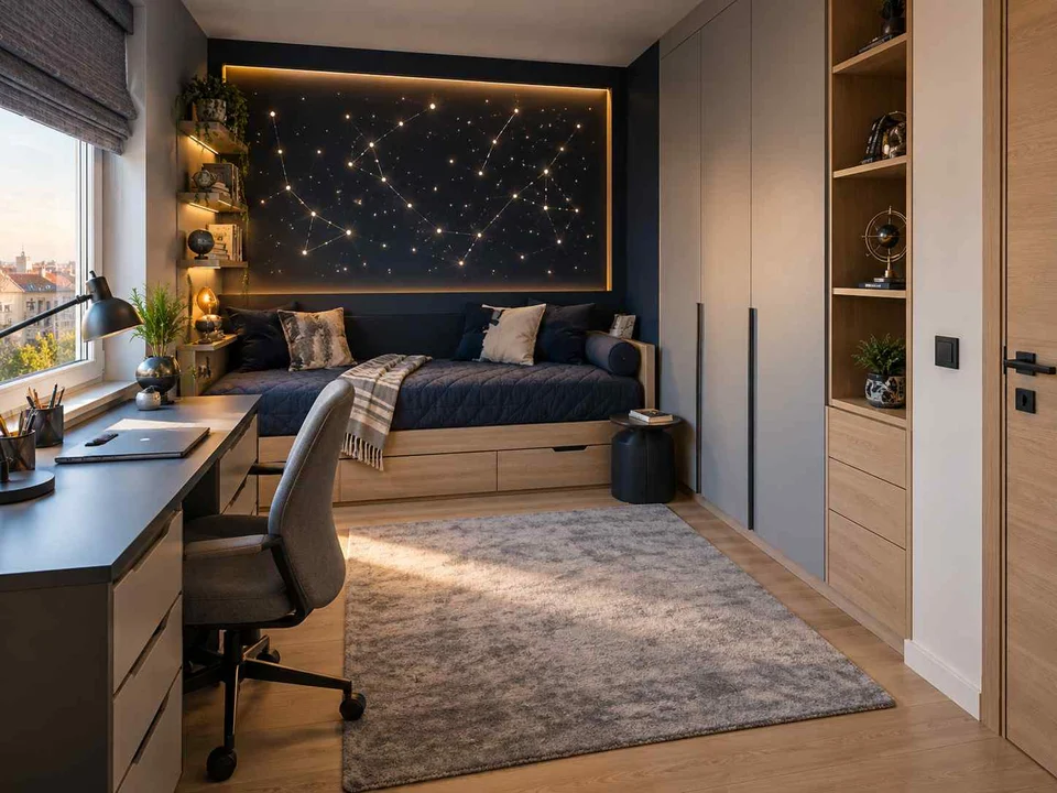 AI concept of a compact bedroom combining a bed, desk and storage, with deep blue bedding and a star-themed feature wall