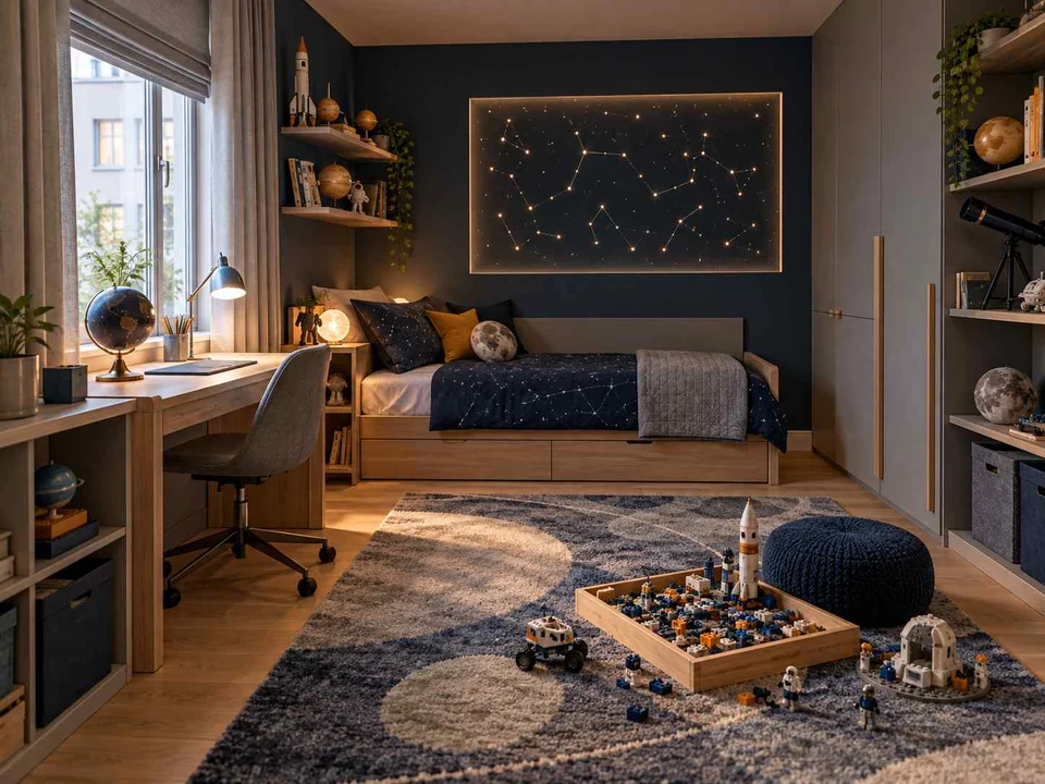 AI concept of a daylit bedroom with space for floor play, with deep blue bedding and a star-themed feature wall