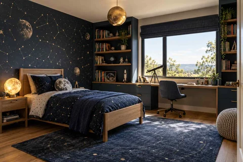 AI concept: a dark blue space-themed bedroom with a star wall, globe light and window desk