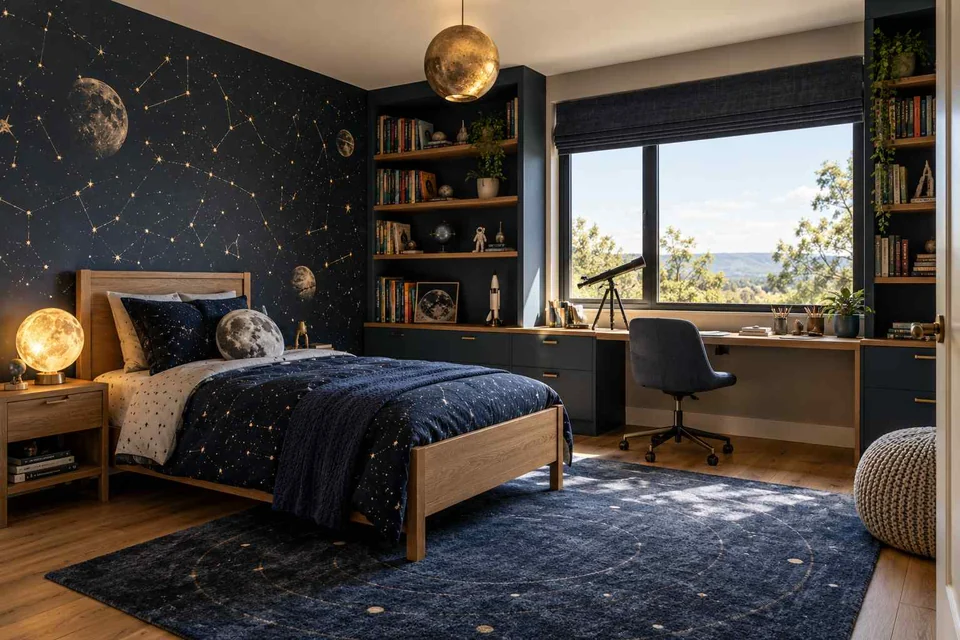 AI concept: a dark blue space-themed bedroom with a star wall, globe light and window desk