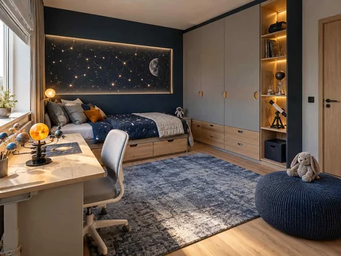 AI concept of a bedroom with a bed, study desk and open central floor space, with deep blue bedding and a star-themed feature wall