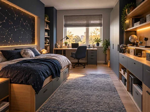AI concept of a bedroom combining low storage with taller cabinetry or shelving, with deep blue bedding and a star-themed feature wall