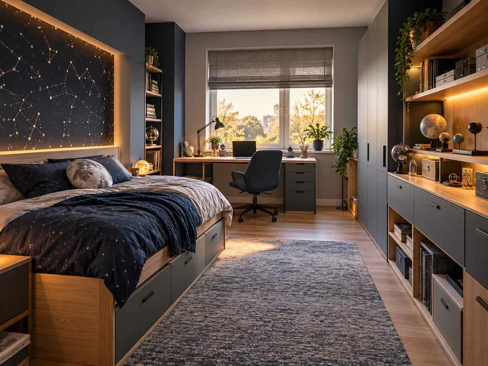AI concept of a bedroom combining low storage with taller cabinetry or shelving, with deep blue bedding and a star-themed feature wall