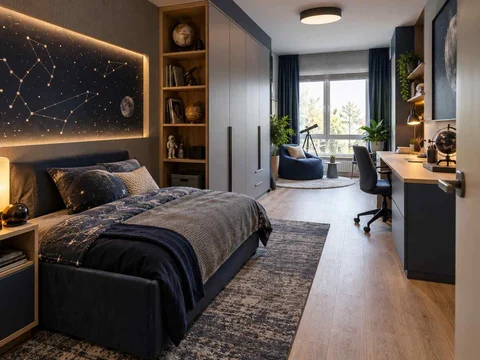 AI concept of a long bedroom with sleeping and study areas arranged along its length, with deep blue bedding and a star-themed feature wall
