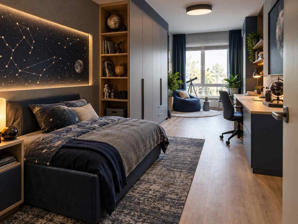 AI concept of a long bedroom with sleeping and study areas arranged along its length, with deep blue bedding and a star-themed feature wall