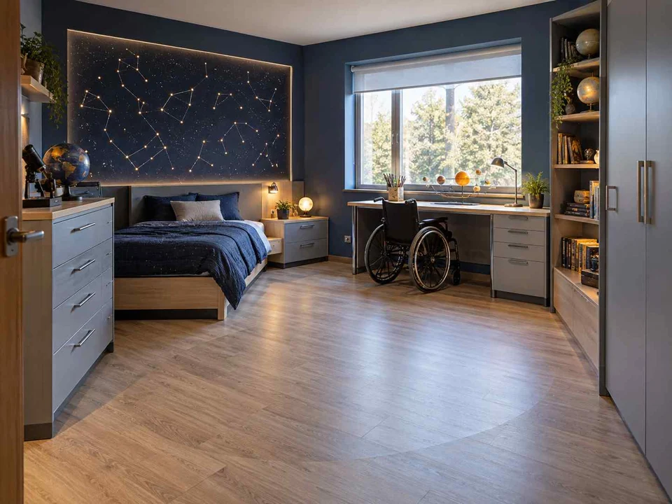 AI concept of a bedroom with an open central floor area and furniture arranged around its edges, with deep blue bedding and a star-themed feature wall