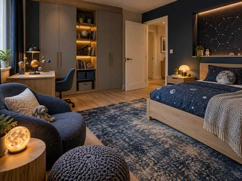 AI concept of a bedroom arranged around sleep, storage and a small sitting area, with deep blue bedding and a star-themed feature wall