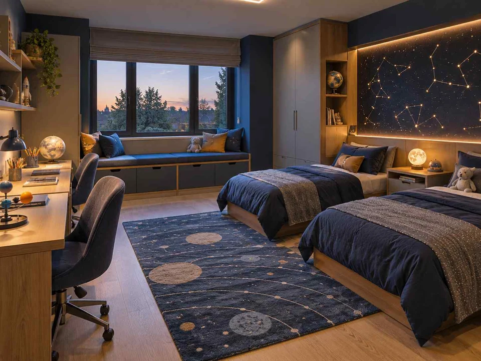 AI concept of a shared bedroom with twin sleeping areas and daylight from the window side, with deep blue bedding and a star-themed feature wall