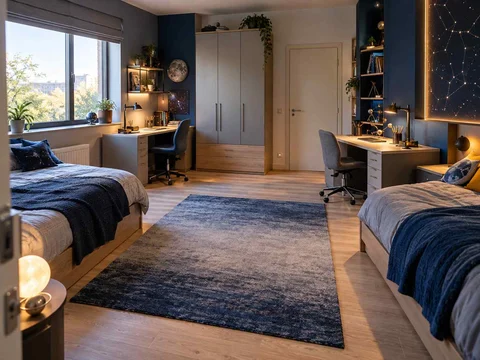 AI concept of a shared bedroom with two sleeping areas and desk space, with deep blue bedding and a star-themed feature wall