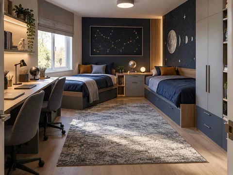 AI concept of a shared bedroom with two sleeping areas and study furniture, with deep blue bedding and a star-themed feature wall