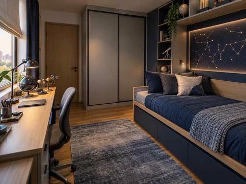 AI concept of a small bedroom with a bed, study furniture and integrated storage, with deep blue bedding and a star-themed feature wall