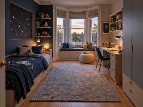 AI concept of a bedroom with a window-side seating area, with deep blue bedding and a star-themed feature wall