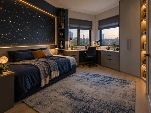 AI concept of a bedroom with a desk positioned near a window, with deep blue bedding and a star-themed feature wall