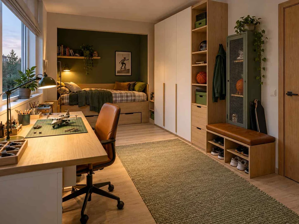 AI concept of a bedroom with a recessed sleeping area and a separate desk, with green accents and sports-themed wall displays