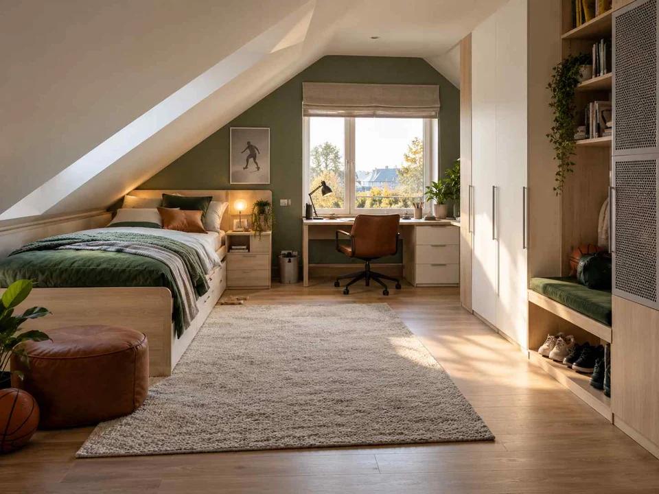 AI concept of a bedroom beneath a sloping ceiling with a bed and desk, with green accents and sports-themed wall displays