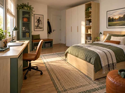 AI concept of a bedroom arranged with a bed, desk and storage furniture, with green accents and sports-themed wall displays