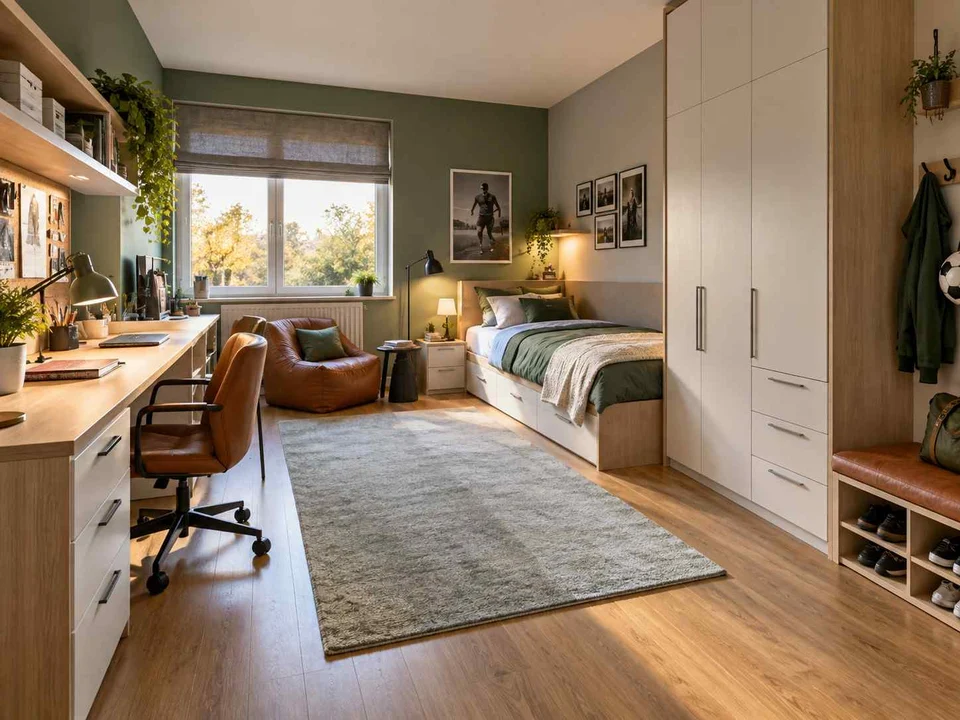 AI concept of a bedroom with desk space, task lighting and nearby storage, with green accents and sports-themed wall displays