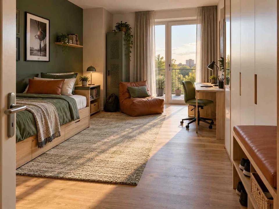 AI concept of a bedroom opening towards full-height glazed doors, with green accents and sports-themed wall displays