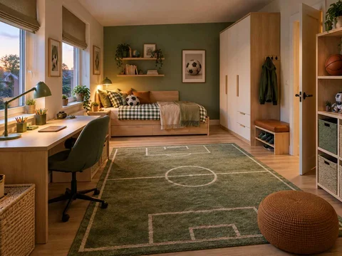 AI concept of a bedroom with a central rug and open floor space for play, with green accents and sports-themed wall displays