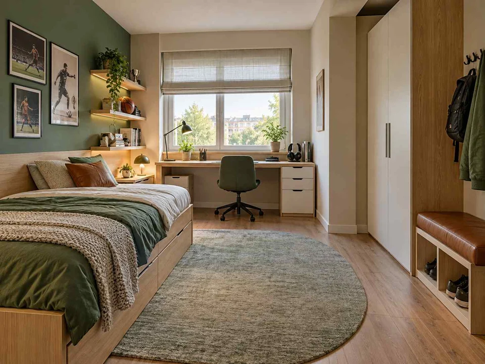 AI concept of a bedroom with a study desk and storage beside the sleeping area, with green accents and sports-themed wall displays