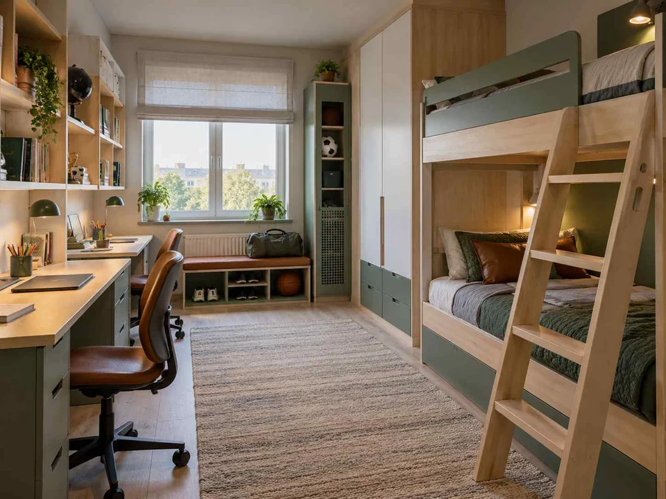 AI concept of bunk beds alongside study furniture and storage, with green accents and sports-themed wall displays