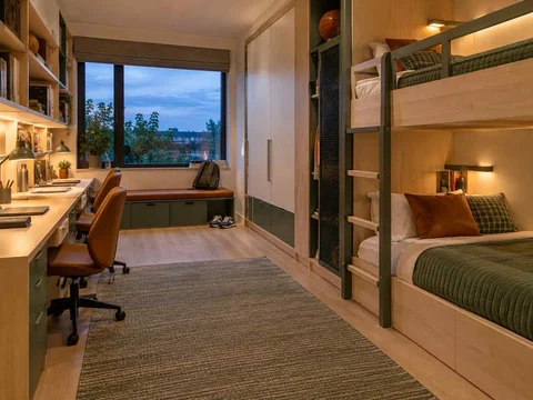 AI concept of bunk beds paired with bookshelves and study space, with green accents and sports-themed wall displays